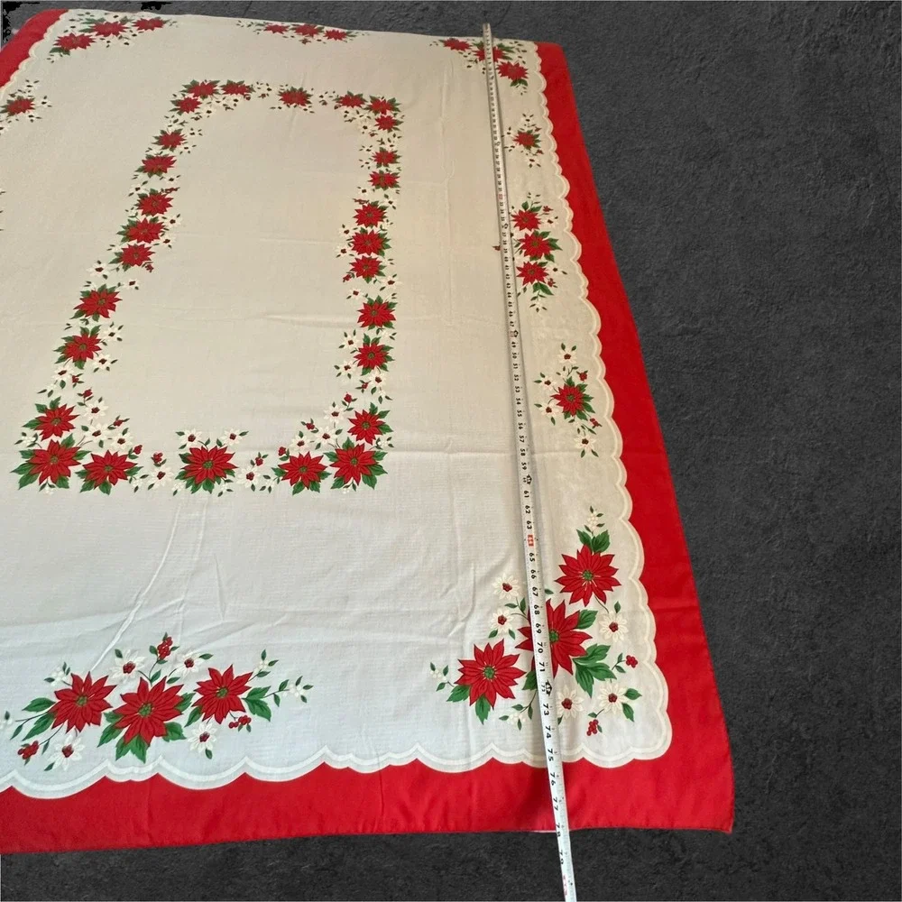 Vintage‎ Christmas Tablecloth 78x60 Red White Poinsettia Print Holiday Rectangle